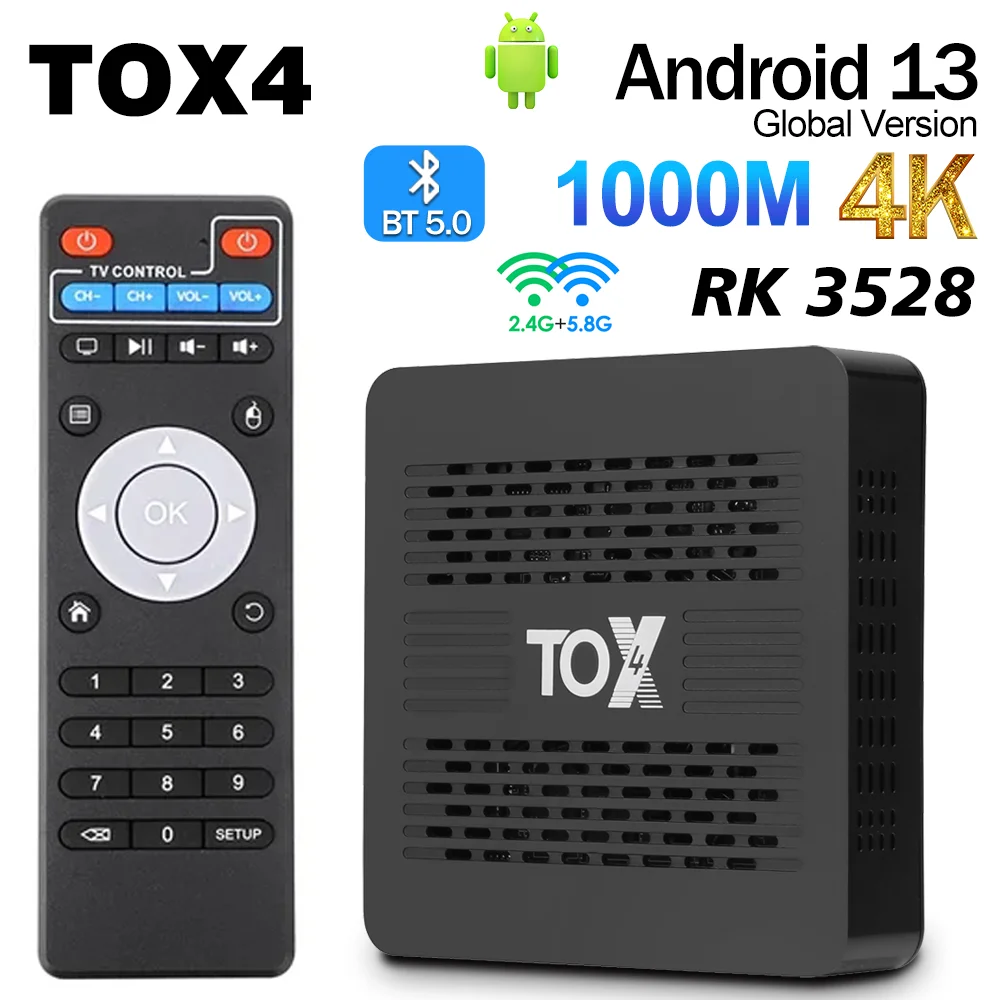  TOX4 TV ڽ Ʈ  ڽ, ȵ̵ 13, 1000M LAN, RK3528, BT5.0, AV1, 2.4G, 5.8G , 4K HDR ̵ ÷̾, 4GB RAM, 32GB